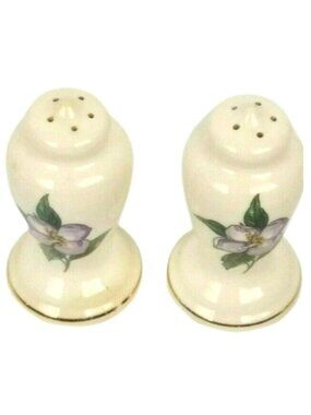 1960s WS George Salt Pepper Shakers Porcelain Violet Flower Gold Trim 3.5"